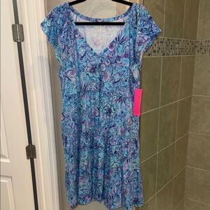 Lilly Pulitzer Kawai Flutter Sleeve Dress Breakwater Blue Shells N Bells Size XL
